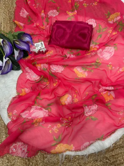 Coral Pink Georgette Handwork Saree